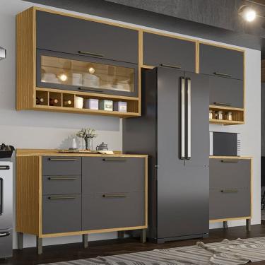 Imagem de Armário de Cozinha com Balcão e Tampo 8 Portas 4 Gavetas Pérola 100% Mdf Vidro Reflecta Amêndoa/Cinza - Pnr Móveis