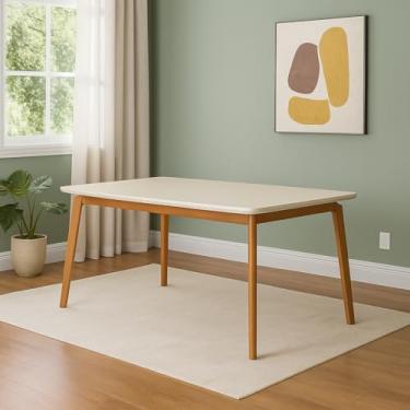 Imagem de Mesa Jantar Jade Retangular 160x90cm Tampo Chanfrado Off White Base Madeira Maciça Mel