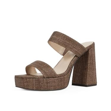 Imagem de Modatope Salto plataforma para mulheres, bico aberto, quadrado, salto grosso, plataforma, duas tiras, sapatos de festa de casamento, Marrom trançado, 40