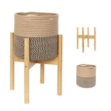 Imagem de WILLITAT Cesta de plantas com suporte, cesta de vime redonda interna com suporte de madeira de bambu, plantador de flores de corda decorativa com pernas, suporte de plantador de madeira de bambu Boho