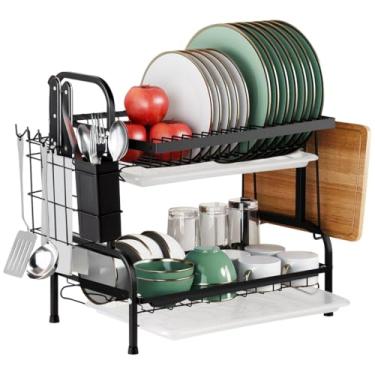 Imagem de Chewtoyo Escorredor de louça, escorredor de pratos de aço inoxidável com suporte de utensílios, escorredor de pratos para cozinha, escorredor de pratos com bandeja de drenagem, preto, escorredor de