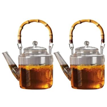 Imagem de 2 peças de bule de chá de vidro com tampa e infusor, resistente ao calor e seguro para fogão, 1,304 g com cabo de madeira