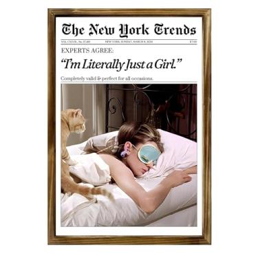 Imagem de Pôster de jornal vintage "I'm Literally Just A Girl" Girl Sleeping And Cat Feminista Estética Tela Arte de Parede Revista Impressões Pintura para Casa Quarto Dormitório Decoração de Parede 20 x 30 cm