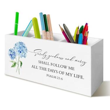 Imagem de YTRGI Suporte de caneta de hortênsia para decoração cristã, hortênsias para mesa de escritório, presentes de hortênsia cristã para mulheres e homens, bíblia PSALM 23:6, suporte de lápis de madeira