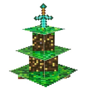 Imagem de Suporte de cupcake Pixel Art de 3 camadas com detalhes retrô para jogos - enfeite de bolo inspirado em anime e pixel, chás de bebê e festa com tema de pixel - Bandeja de servir com decoração de estilo