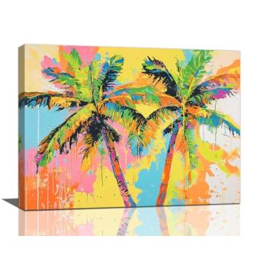 Imagem de Olivine Arte de parede tropical, decoração de parede de imagens de palmeira, pintura de grafite, impressões coloridas em tela de verão, arte emoldurada para banheiro, sala de estar, quarto, escritório