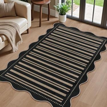 Imagem de LORWER Tapete listrado de juta fácil, tapete lavável de 7,5 x 12,5 cm, tapete de sala de estar, tapete geométrico antiderrapante preto para quintal, quarto, varanda