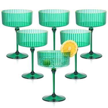 Imagem de HKSZEH 12 peças de copos de plástico para martini, 290 ml, com borda dourada destacável, verde, nervuras, copos de coquetel vintage de Natal para bar, margarita, gin, tequila, sobremesas e lanches