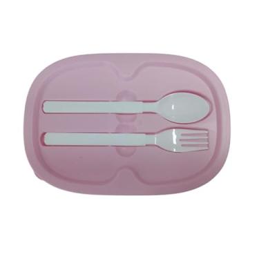 Imagem de Pote Marmita Dupla com Talheres, Rosa, Plástico PP Livre de BPA, 2 Camadas Empilháveis, 14.5cm x 10cm, para Refeições, Lanches e Saladas