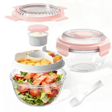 Imagem de WHALEHOUSE Pacote com 2 recipientes de salada ECOZEN transparentes e ecológicos SK chemicals ECOZEN, tigelas de salada de plástico portáteis com tampa, recipiente de molho à prova de vazamento