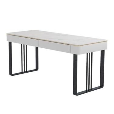 Imagem de Mesa de trabalho Mesa de PC moderna, mesa escrita com 2 gavetas, penteadeira branca tampo laje pedra e estrutura metal para escritório doméstico quarto(Preto,L)
