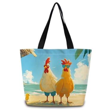 Imagem de ZhuVantrix Bolsa divertida de galinha, reutilizável, bolsa de ombro para compras estética, com bolso interno com zíper, elegante, divertida, presente de galinha à beira-mar para mulheres
