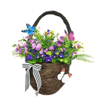 Imagem de Tachiuwa Porta pendurada cesta grinalda flores artificiais bem -vindo sinal decoração de casa guirlanda de porta para lareira para lareira fora