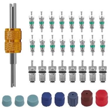 Imagem de SWQS Kit de núcleo de válvula CA de carro 33 peças R12 R134a Conjunto de núcleos de haste de válvula de refrigeração com ferramenta de remoção de núcleo de válvulas AC/tampas de vedação de alta e