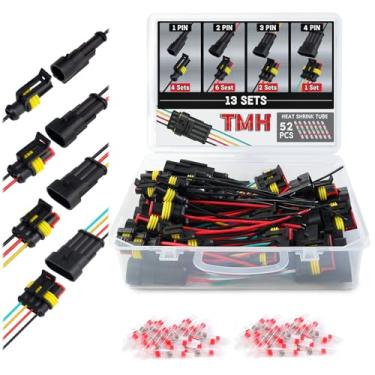 Imagem de TMH Conector de fio de 1/2/3/4 pinos 22 AWG à prova d'água macho e fêmea, 10 cm. Conectores de fio de 1-4 vias com tubo termorretrátil para conexão de fio de carro, caminhão, barco (26 peças)