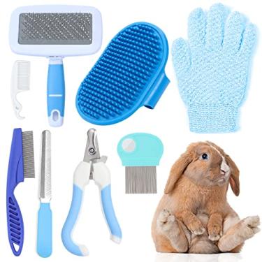 Imagem de VCZONE 8 peças de kit de cuidados rosa para animais pequenos, kit de cuidados de coelho com cortador de unhas e lixa de animais de estimação, pente de pulgas, escova de banho para xampu para animais de estimação, escova de limpeza para animais de estimação, luva de massagem de banho, pente de limpez