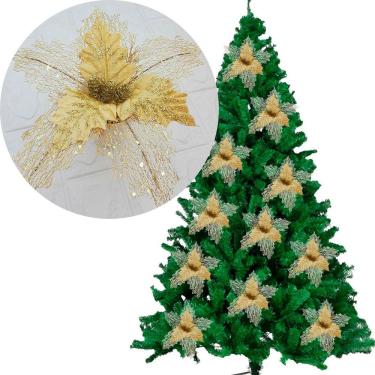 Imagem de Flores Ramos árvore Natal Com Gliter Dourado 22cm Kit 8pçs