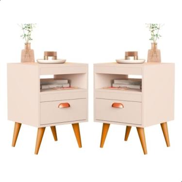 Imagem de Kit 2 Mesa De Cabeceira Para Quarto Com Pés e Gaveta Com Nicho Criado Com 2 Unidades Mesinha Canto (Bege)