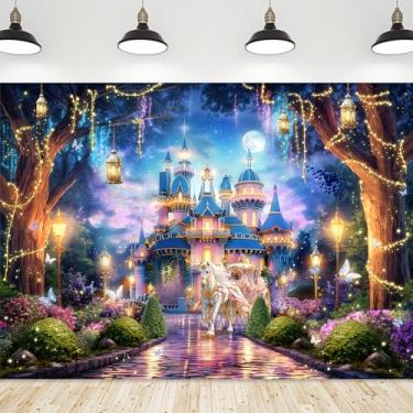 Imagem de Riyidecor Pano de fundo de castelo de princesa, tecido de poliéster, jardim, videiras, árvores, luzes, cenário noturno estrelado, 19 x 13 metros, país das maravilhas com fundo para fotografia, chá de