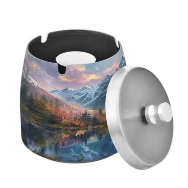 Imagem de Blueangle Cinzeiro de paisagem de montanha com tampa para cigarros, à prova de vento/chuva, aço inoxidável, sem fumaça, inodoro, cinzeiro para uso interno ou externo (500)
