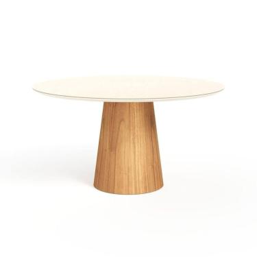 Imagem de Mesa De Jantar Redonda 150cm Scandi 8 Lugares Lamina Natural De Madeira Off White Vidro