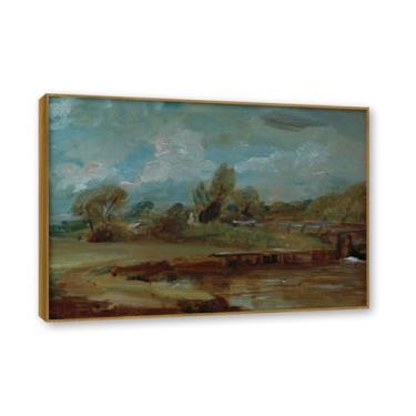 Imagem de Moldura de teca. Arte em tela romantismo estilo Constable (Riverside Path), pintura de paisagem inglesa emoldurada, decoração de parede elegante para sala de estar escritório. 50 x 70 cm - 19,6 x 27,5