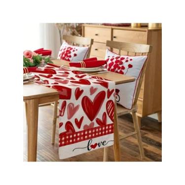 Imagem de 1 peça Love Homo sapiens decoração festival Linum usitatissimum toalha de mesa coração vermelho caminho de mesa, adequado para reuniões de família, propostas, decorações de eventos de confissão toalha