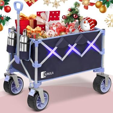 Imagem de Sunula Carrinho de vagão dobrável com capacidade de peso de 199 kg, vagão dobrável resistente com rodas grandes para todos os terrenos e suportes de bebidas, carrinhos utilitários para acampamento