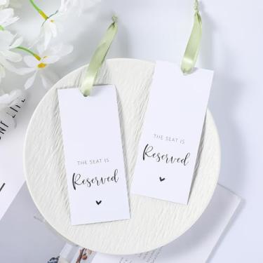 Imagem de 24 peças de etiqueta de assento reservada com fita, placa de assento reservada para cadeira de casamento pendurado com fita para cerimônia de casamento eventos importantes bancos de igreja assento de