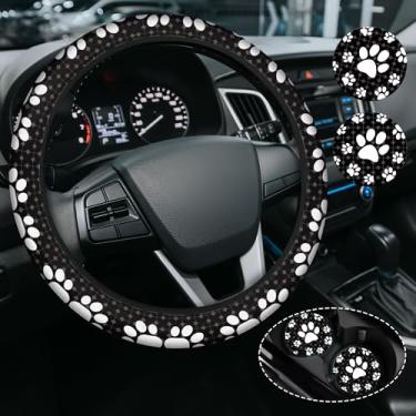 Imagem de Capa de volante fofa com estampa de pata de cachorro para mulheres e homens, antiderrapante de neoprene de alta elasticidade, acessórios de carro, capas de volante, universal de 38 cm para carros