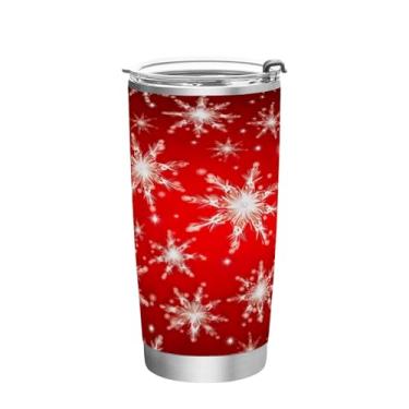 Imagem de Wassud Flocos de neve em fundo vermelho copo de 340 g com tampa e canudo, copo isolado a vácuo de parede dupla de aço inoxidável caneca de café de viagem para bebidas frias e quentes