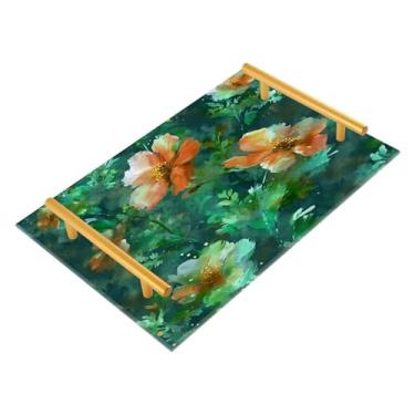 Imagem de Wassud Bandeja de banheiro verde floral com alças organizador de perfume de acrílico para banheiro, quarto, cozinha, balcão de 30 x 20 cm