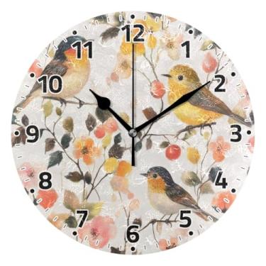 Imagem de WELLDAY Relógio de parede sem tique-taque 25,4 cm - Aquarela floral pássaros operado por bateria relógio redondo silencioso de quartzo para casa/escritório/cozinha/sala de aula