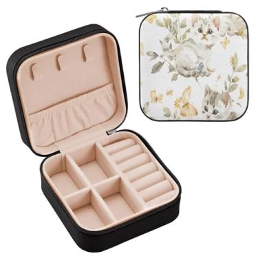 Imagem de YETTASBIN Caixa de joias de gato para adolescentes, meninas, mulheres, presente de aniversário, Natal, caixa de armazenamento portátil de couro PU, mini estojo de joias de viagem para colar, brincos