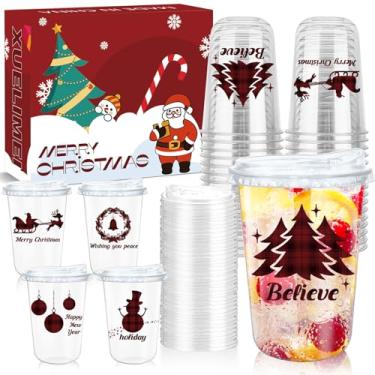 Imagem de Xuelimei Copos de plástico descartáveis de Natal de 473 ml com tampas de gole sem palha, vermelho, preto, árvore de Natal, papai noel, rena, neve, copos para bebidas, suprimentos para festas de fim de