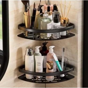 Imagem de Prateleira de Canto para Banheiro, Organizador Adesivo em Preto, 28x20x5cm, Kit com 2 Suportes para Shampoo