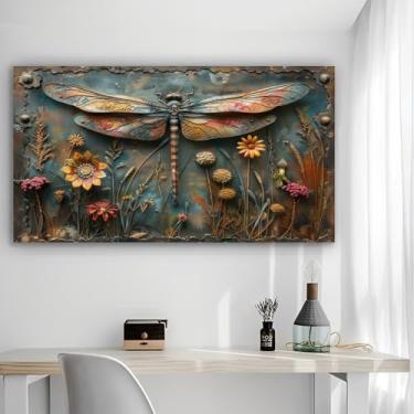 Imagem de Arte de parede em tela rústica de libélula metálica - Pôster sem moldura de 30 x 61 cm - Decoração de casa e escritório para sala de estar, quarto, cozinha e café