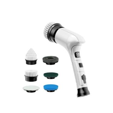 Imagem de Esfregador giratório elétrico, escova de limpeza doméstica sem fio com 6 cabeças substituíveis, 3 velocidades, visor de LED, esfregão portátil leve para limpeza de fogão/tigela/pia/canto/azulejo