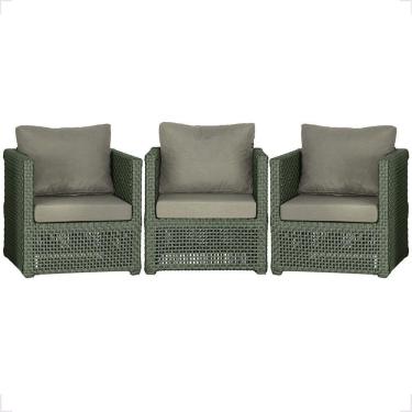Imagem de 3 Poltronas Madri Alumínio Corda Náutica Estofado 8 Trama Verde