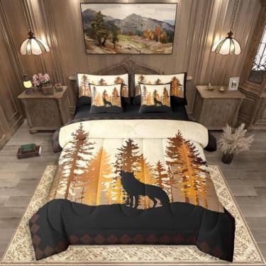 Imagem de Erosebridal Conjunto de edredom rústica, Queen, com estampa de lobo da vida selvagem da floresta, 7 peças, para crianças, adolescentes, adultos, fazenda, campo, chalé, cama, com tema de caça