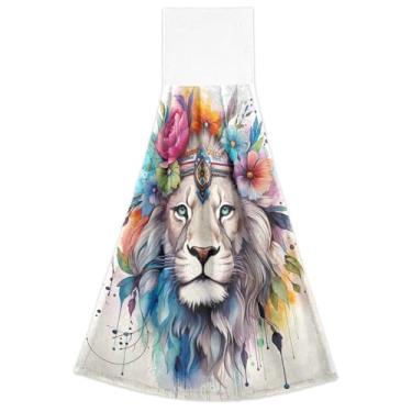 Imagem de Toalhas de cozinha com laço de pendurar leão floral engraçado conjunto de 2 toalhas de chá de forno, ultra absorvente, toalha de cozinha decorativa, 18,2 x 14 polegadas