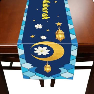 Imagem de Caminho de Mesa para o Ramadã, 183x33cm Estampa de Lanternas Azuis e Amarelas com Flores Lua Decoração Mesa para o Eid Mubarak Ideal Festas Em Casa