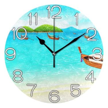 Imagem de GAIGEO Relógio de parede decorativo analógico operado por bateria silencioso relógio de cozinha fofo, decoração de sala de estar arte moderna aquarela praia mar azul, 25 cm, ponteiros pretos