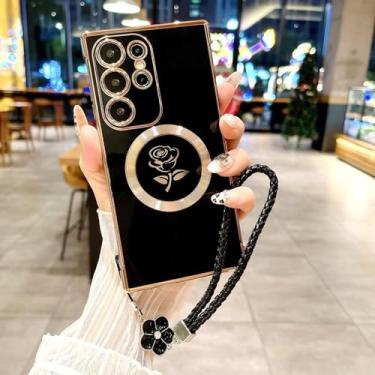 Imagem de Capa de TPU macio com revestimento rosa para Samsung Galaxy S25 S24 S23 S22 S21 Ultra Plus S24 23 Charge Covers com cordão e pulseira, preta, para S22