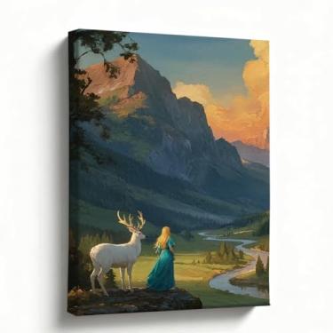 Imagem de Arte de parede em tela de pintura a óleo, menina com veado com vista para o vale da montanha, decoração de parede de paisagem de fantasia para sala de estar, quarto, decoração de casa, 20 x 25 cm