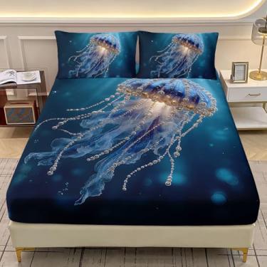 Imagem de AILONEN Jogo de lençol Queen tamanho Jellyfish para meninas, tema oceano subaquático, pérola, água-viva, lençol com bolso profundo + 2 fronhas - 3 peças