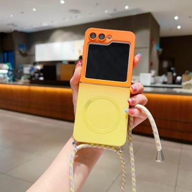 Imagem de Capa de silicone com gradiente de cor da moda para Samsung Galaxy Z Flip 5 6 Flip5, capa à prova de choque com carregamento sem fio e alça, laranja e amarelo, para Z Flip 6