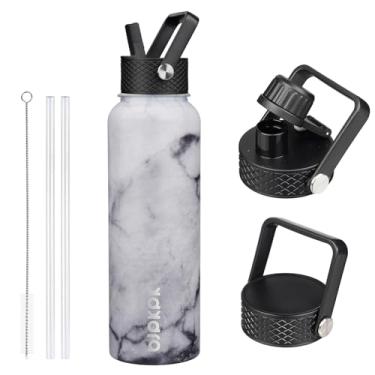 Imagem de BJPKPK Garrafas de água isoladas com tampa de palha, garrafas de água de aço inoxidável de 1,2 l com 3 tampas, garrafa térmica à prova de vazamento sem BPA, copos, copos para esportes, academia -