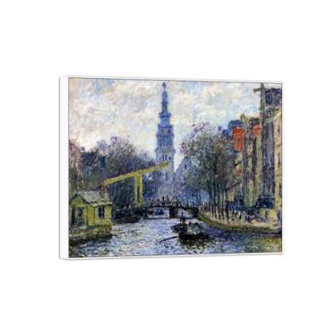Imagem de BMZFYBS Claude Monet Famosas Impressões em tela de parede prontas para pendurar - Canal em Amsterdã - Pintura com moldura branca para decoração de sala de estar 70 x 85 cm 27 x 33 pol