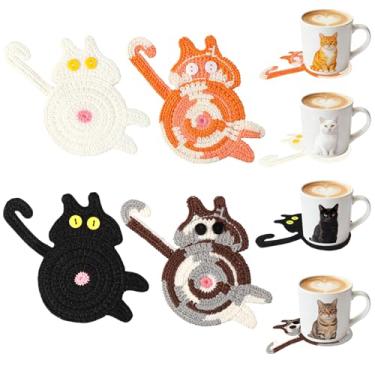 Imagem de LLMSIX 4 peças de porta-copos para gatos, porta-copos de rabo de gato de crochê, porta-copos de café para amantes de gatos, decoração de casa, acessórios de proteção de mesa, presentes